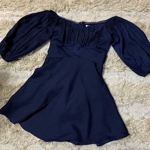 Navy Blue semi-formal puff sleeve off the shoulder Dress